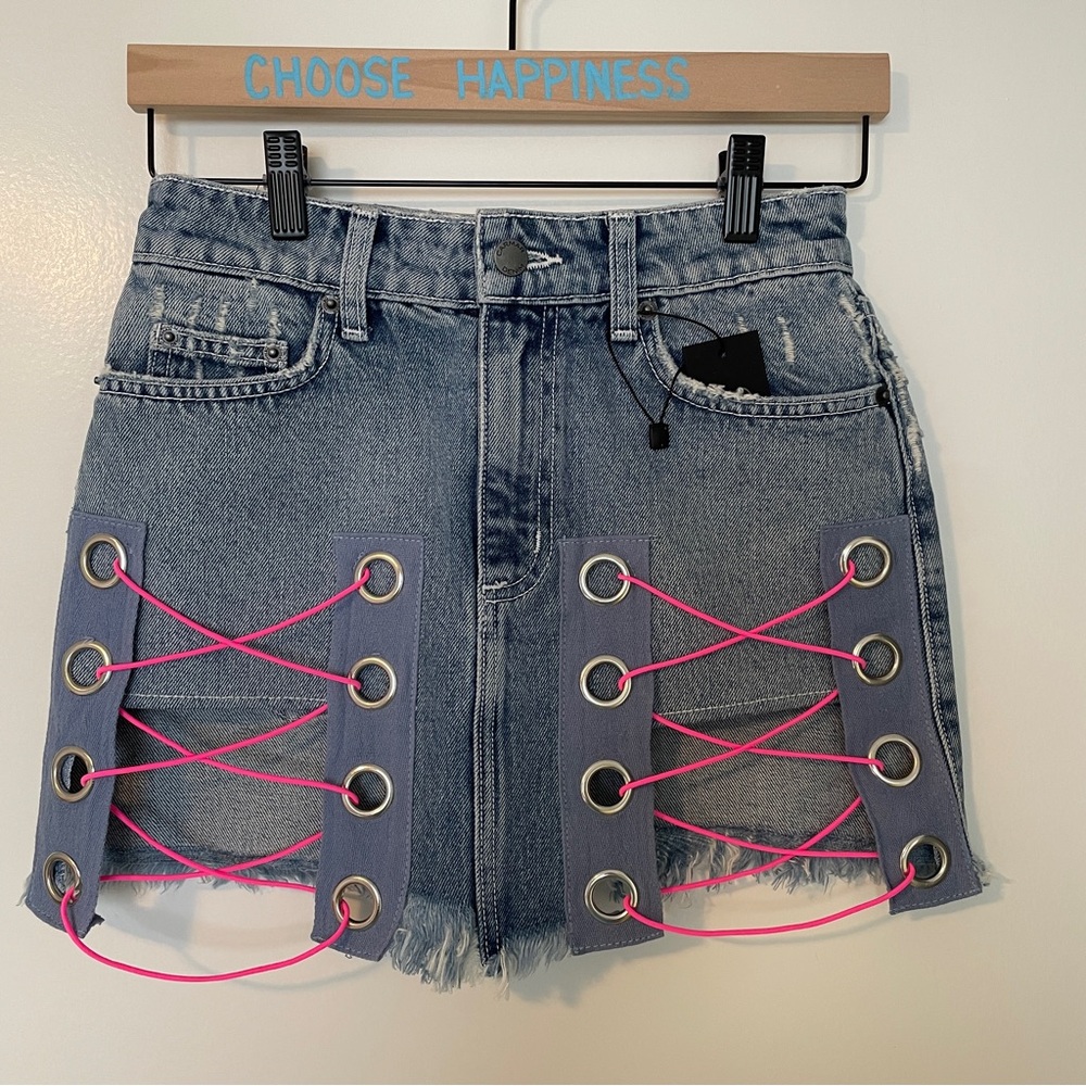 CARMAR Denim Skirt with Pink Lace-Up Detail waist size 26 NWT